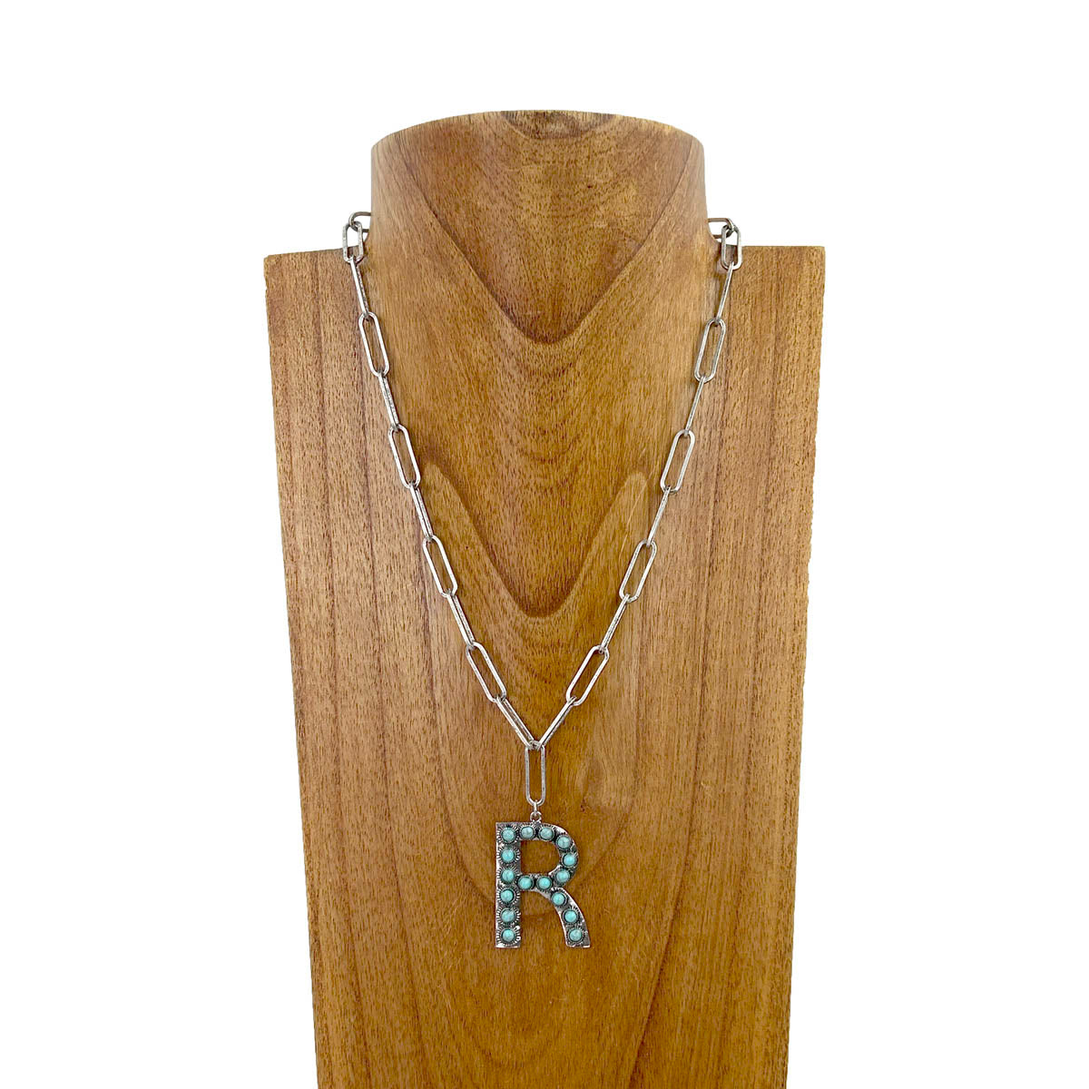 NKZ231125R-01            20 inches silver metal chain with blue turquoise stone letter R Necklace
