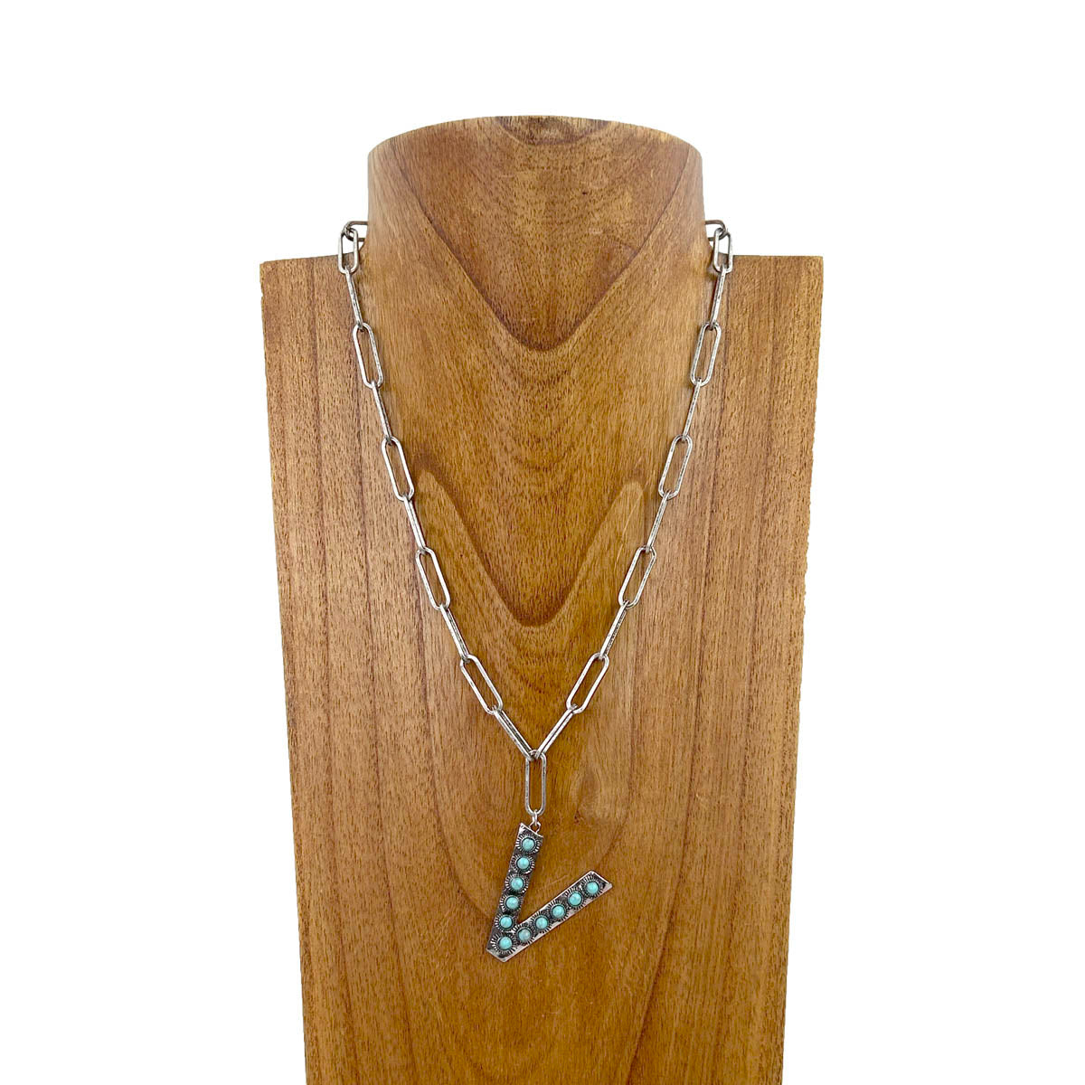 NKZ231125V-02            20 inches silver metal chain with blue turquoise stone letter V Necklace
