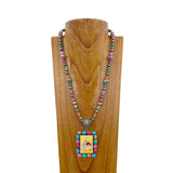 NKZ231209-04                           24 inches  silver Navajo pearl and muti color stone beads with square cowboy pendent Necklace