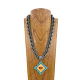 NKZ231209-05                       24 inches double silver Navajo pearl beads with square blue turquoise stone buffalo pendent Necklace