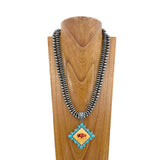 NKZ231209-05                       24 inches double silver Navajo pearl beads with square blue turquoise stone buffalo pendent Necklace