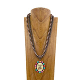 NKZ231209-06                  24 inches double copper Navajo pearl beads with oval muti stone cowboy pendent Necklace