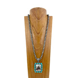 NKZ231209-07                        33 inches silver Navajo pearl beads with triangle blue turquoise stone cowboy pendent Necklace