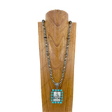 NKZ231209-09                     36 inches silver Navajo pearl beads with square blue turquoise stone cowboy pendent Necklace