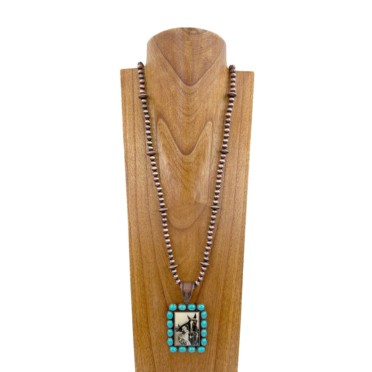 NKZ231209-10                     36 inches copper Navajo pearl beads with square blue turquoise stone cowgirl pendent Necklace