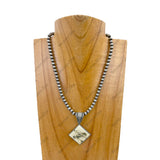 NKZ231209-21               15 inches silver Navajo pearl beads with square cowboy pendent Necklace
