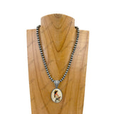NKZ231209-23            16 inches silver Navajo pearl beads with oval cowgirl pendent Necklace