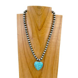 NKZ231223-05               17 Inches silver Navajo pearl beads with blue turquoise stone heart pendent Necklace