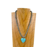 NKZ231223-05               17 Inches silver Navajo pearl beads with blue turquoise stone heart pendent Necklace
