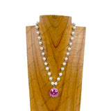 NKZ231223-07                 17 inches artificial pearl chain with pink crystal diamond pendent Necklace
