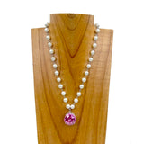 NKZ231223-07                 17 inches artificial pearl chain with pink crystal diamond pendent Necklace