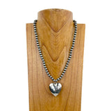 NKZ231223-08                21 inches silver Navajo pearl beads with silver metal heart pendent Necklace