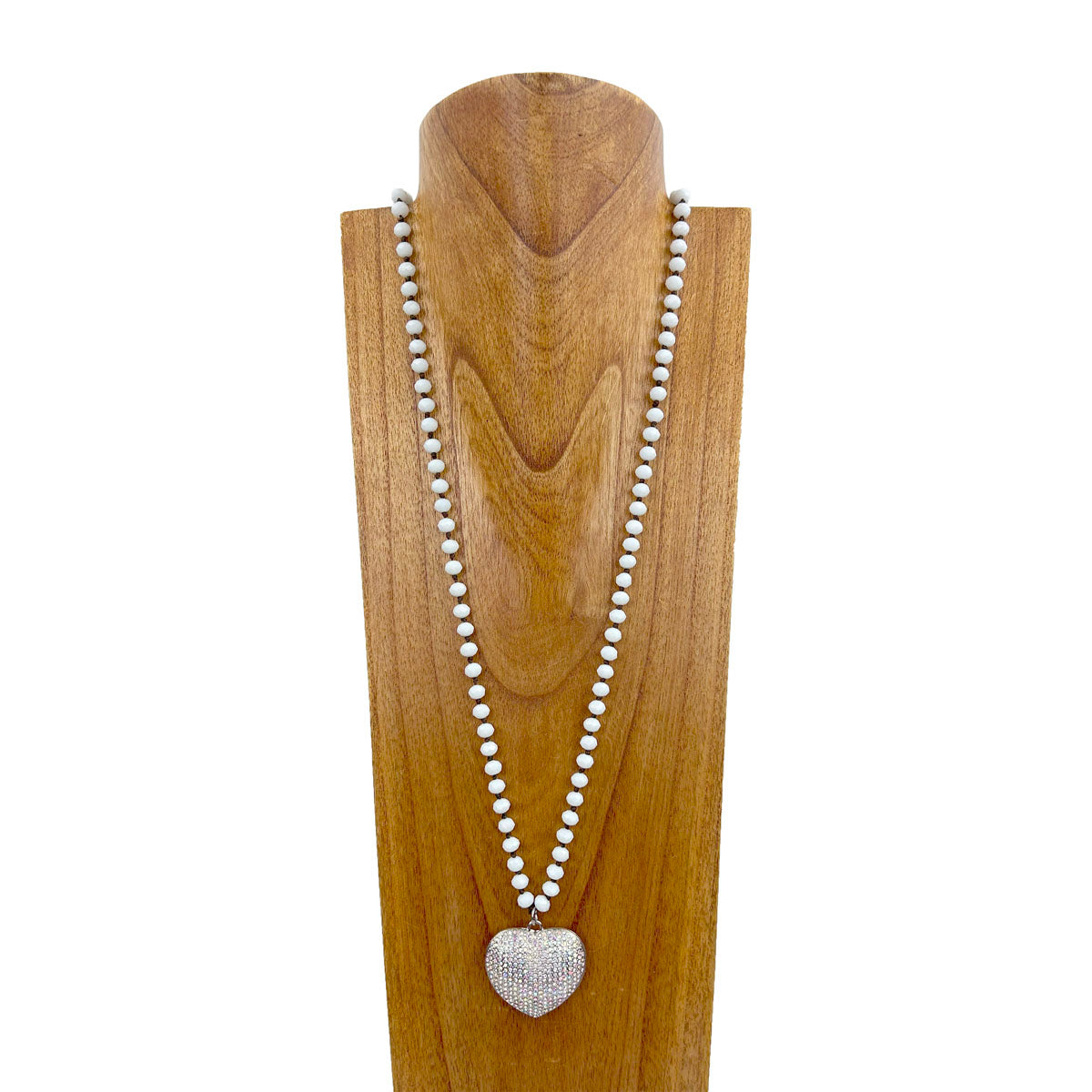 NKZ231223-13           32 inches white crystal beads string with silver metal heart pendent Necklace