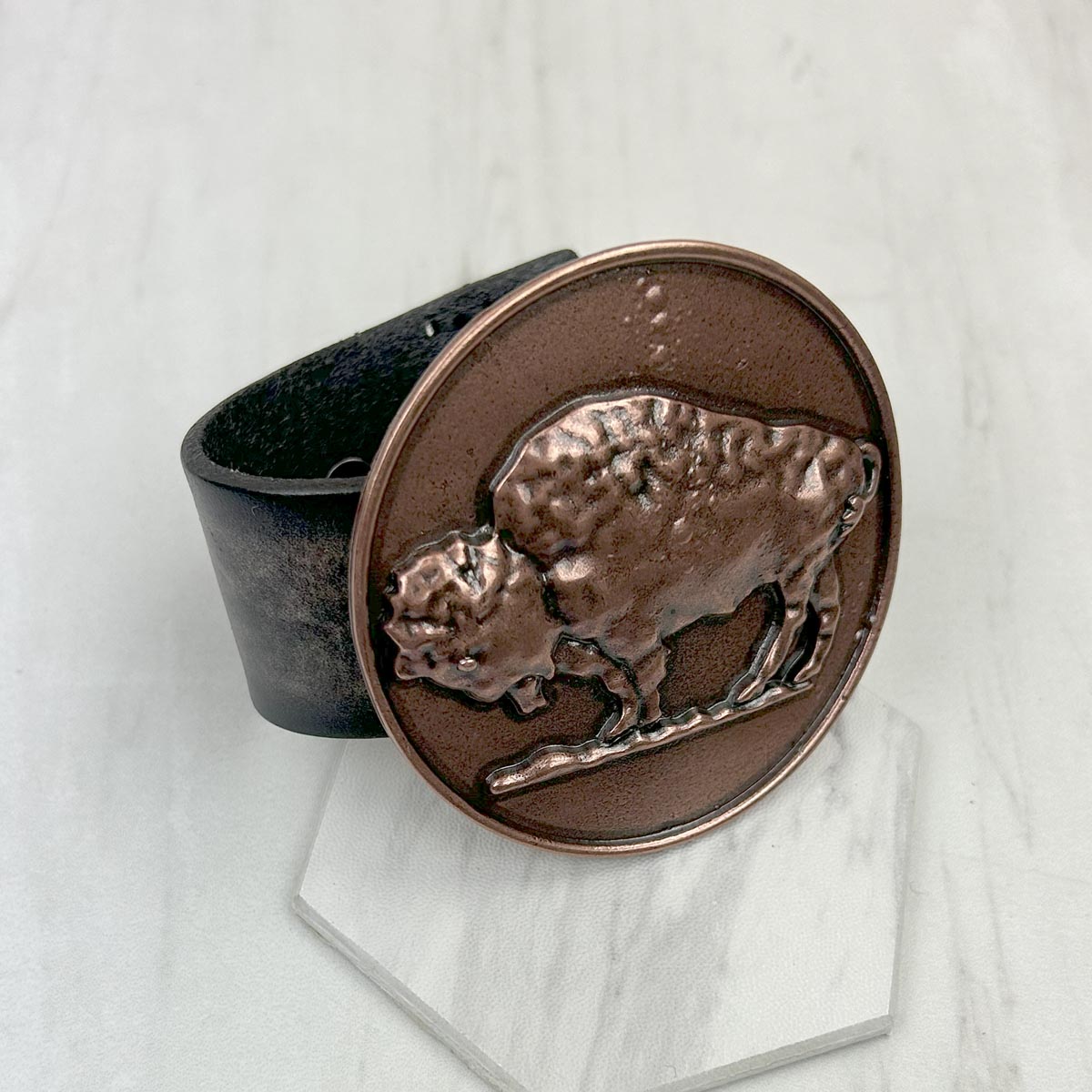 NKZ231226-03          Black leather with silver metal buffalo bracelet
