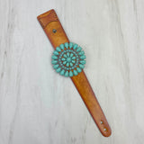 NKZ231226-05                Brown leather with large blue turquoise stone concho bracelet