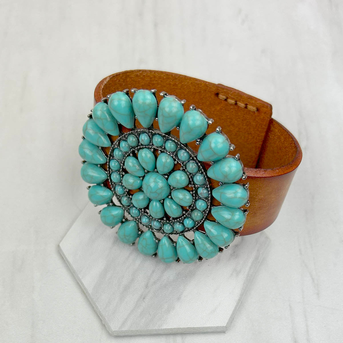 NKZ231226-05                Brown leather with large blue turquoise stone concho bracelet