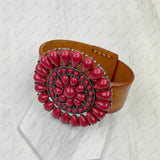 NKZ231226-05                Brown leather with large blue turquoise stone concho bracelet