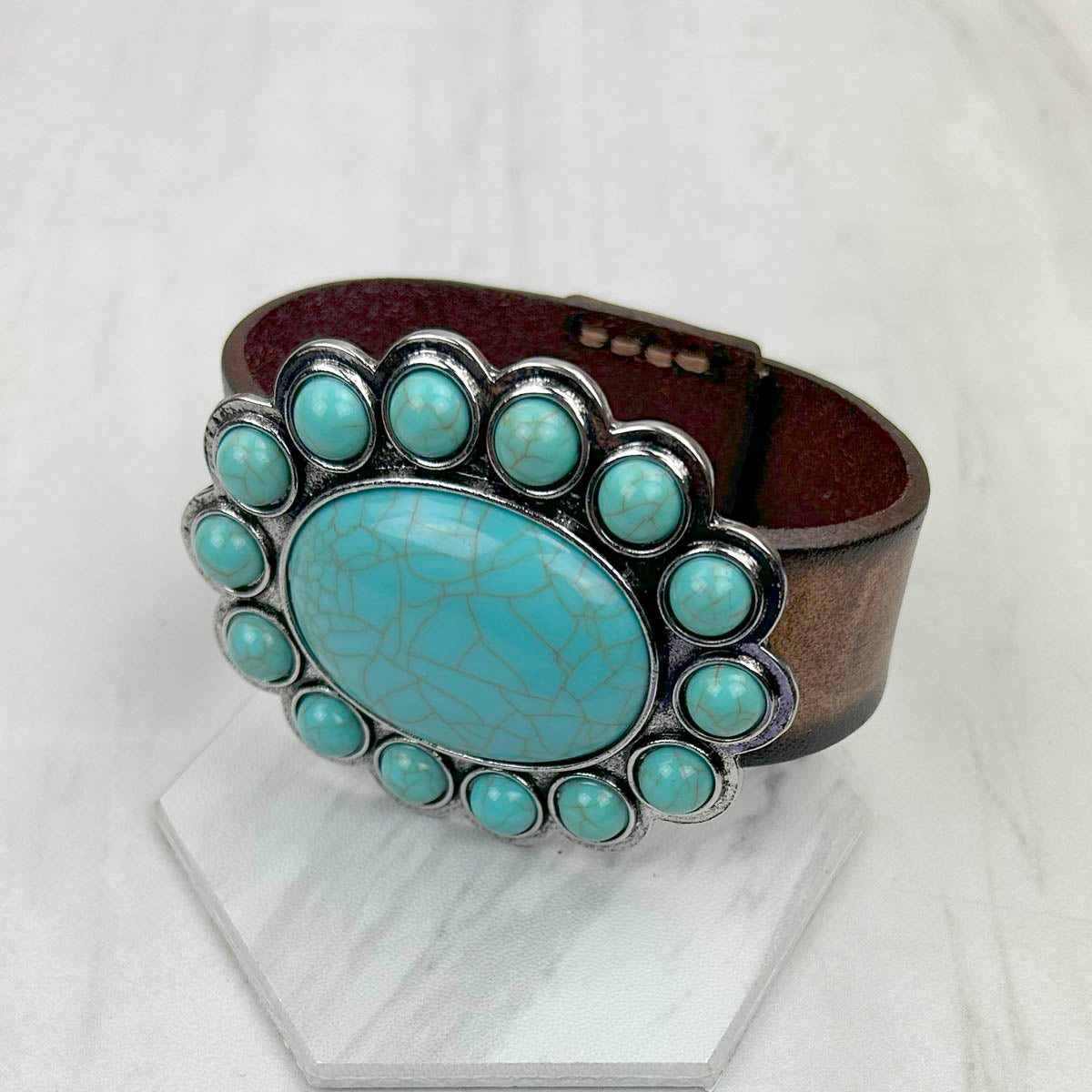 NKZ231226-11               Brown leather with large blue turquoise stone oval concho bracelet