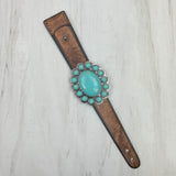 NKZ231226-11               Brown leather with large blue turquoise stone oval concho bracelet