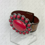 NKZ231226-11               Brown leather with large blue turquoise stone oval concho bracelet