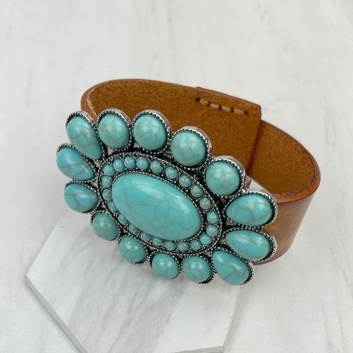 NKZ231226-14               Brown leather with large blue turquoise stone oval concho bracelet