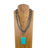 NKZ240217-01             21 Inches silver metal and Navajo pearl beads chain with large blue rectangle turquoise pendent necklace