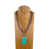 NKZ240217-03             21 Inches copper metal and Navajo pearl beads chain with large blue rectangle turquoise pendent necklace