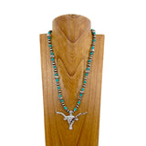 NKZ240217-05               24 Inches silver Navaho pearl and blue turquoise stone beads with silver metal long horn pendent Necklace