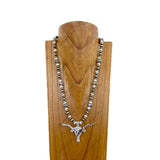 NKZ240217-05               24 Inches silver Navaho pearl and blue turquoise stone beads with silver metal long horn pendent Necklace