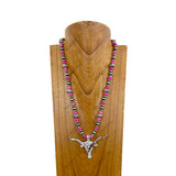 NKZ240217-05               24 Inches silver Navaho pearl and blue turquoise stone beads with silver metal long horn pendent Necklace