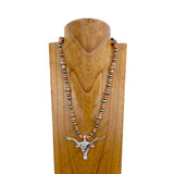 NKZ240217-05               24 Inches silver Navaho pearl and blue turquoise stone beads with silver metal long horn pendent Necklace