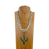 NKZ240217-10              21 inches white pearl beads chain with metal cactus pendent Necklace