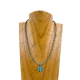 NKZ240312-01                   17 Inches silver Navaho pearl beads with blue turquoise stone concho pendent necklace