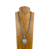NKZ240312-04                33 inches silver Navajo pearl beads with silver metal Fleur-de-lis pendant Necklace
