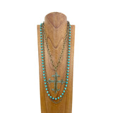 NKZ240330-01                Brass metal chain and blue turquoise stone beads with large metal cross pendent Necklace