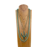 NKZ240330-02                Brass metal chain and blue turquoise stone beads with large metal cactus pendent Necklace