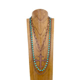 NKZ240330-03                   Copper metal chain and blue turquoise stone beads with large metal cross pendent Necklace