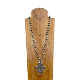 NKZ240414-03                        34 inches silver Navajo pearl beads chain with metal Fleur de Lis Necklace