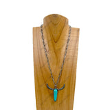 NKZ240414-04                        20 inches silver metal chain with blue turquoise stone long horn Necklace