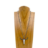 NKZ240414-04                        20 inches silver metal chain with blue turquoise stone long horn Necklace