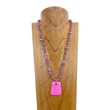 NKZ240706-05             24 inches Silver Navajo pearl and hot pink turquoise stone beads with large pink trapezoid turquoise stone pendant necklace