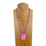 NKZ240706-05             24 inches Silver Navajo pearl and hot pink turquoise stone beads with large pink trapezoid turquoise stone pendant necklace