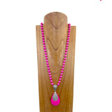 NKZ240810-03           34 inches hot pink turquoise stone bead with large teardrop pendant Necklace