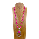 NKZ240810-06         34 inches hot pink turquoise nuggets bead with metal Oval pendant Necklace
