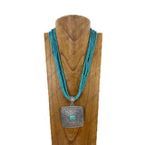 NKZ240825-01-BLUE             Six blue sequin beads strings with large silver metal square Pendent Necklace