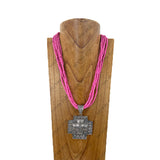 NKZ240825-04                     Six Hot pink sequin beads strings with large silver metal cross Pendent Necklace