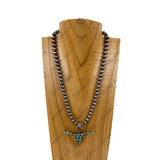 NKY260108-07                 18'' 8mm copper Navajo pearl beads with blue turquoise stone Longhorn Pendent Necklace (Copy)