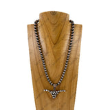 NKY260108-07                 18'' 8mm copper Navajo pearl beads with blue turquoise stone Longhorn Pendent Necklace (Copy)