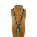NKY260108-10                    24‘’ Silver roundel Navajo pearl beads with blue oval turquoise stone pendent Necklace