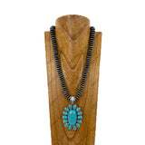 NKY260108-12            24‘’ 14mm Silver roundel Navajo pearl beads with blue oval turquoise stone pendent Necklace